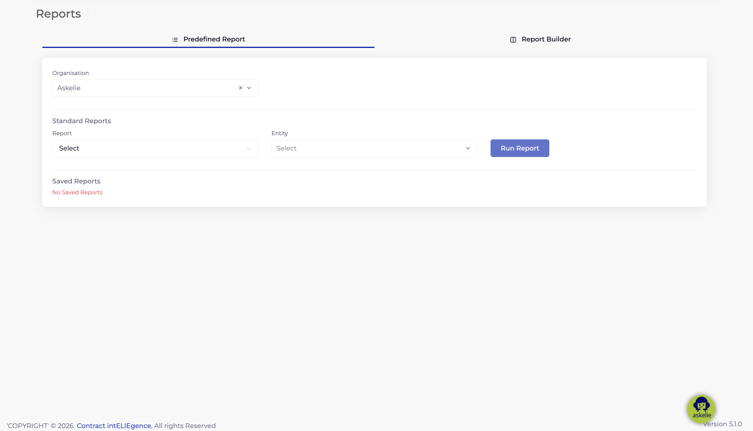 Predefined Report tab — main page with Organisation, Standard Reports, and Saved Reports sections