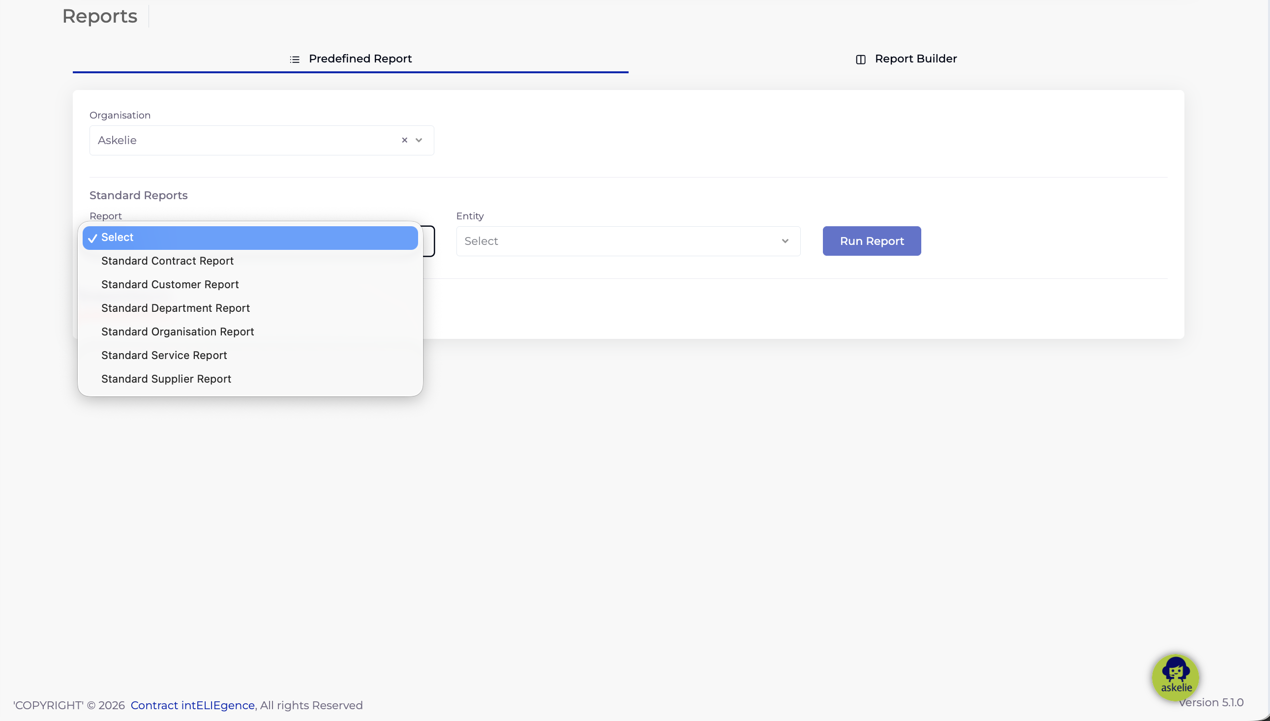 Report dropdown showing six standard report types