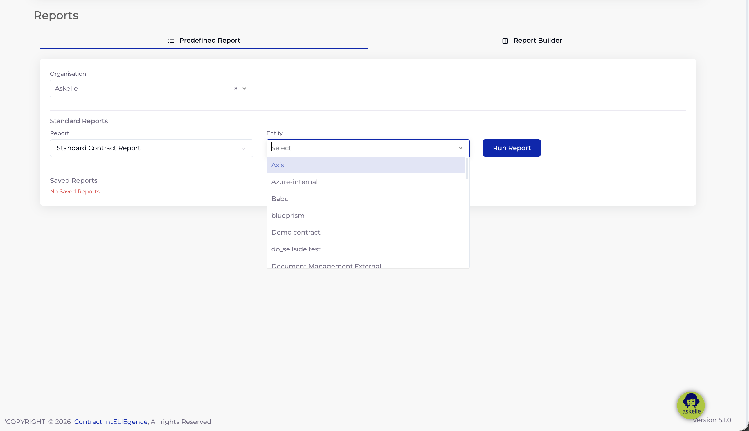 Entity dropdown showing contract names for a Contract Report