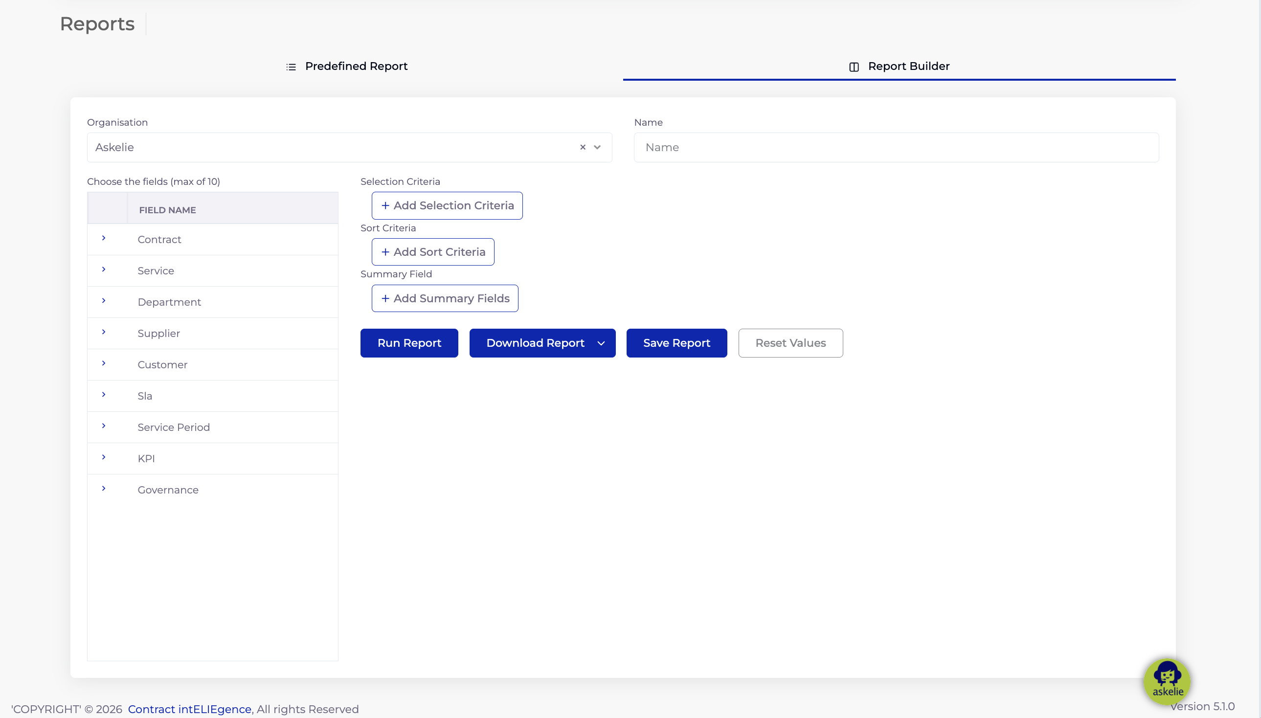 Report Builder tab overview showing all configuration sections