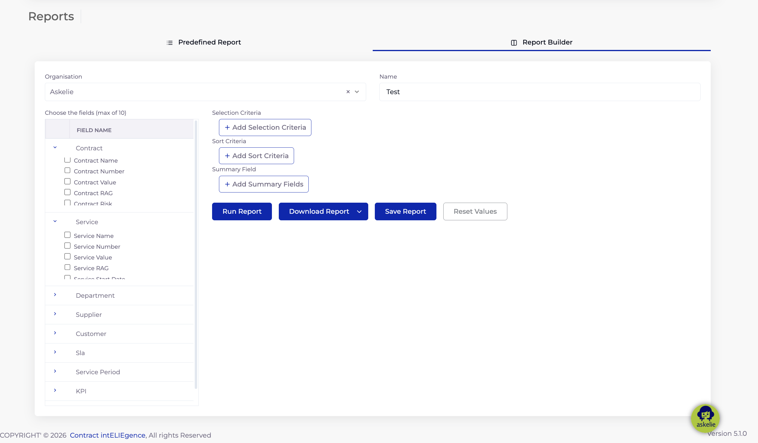Field Selection panel with Contract and Service categories expanded showing checkbox fields