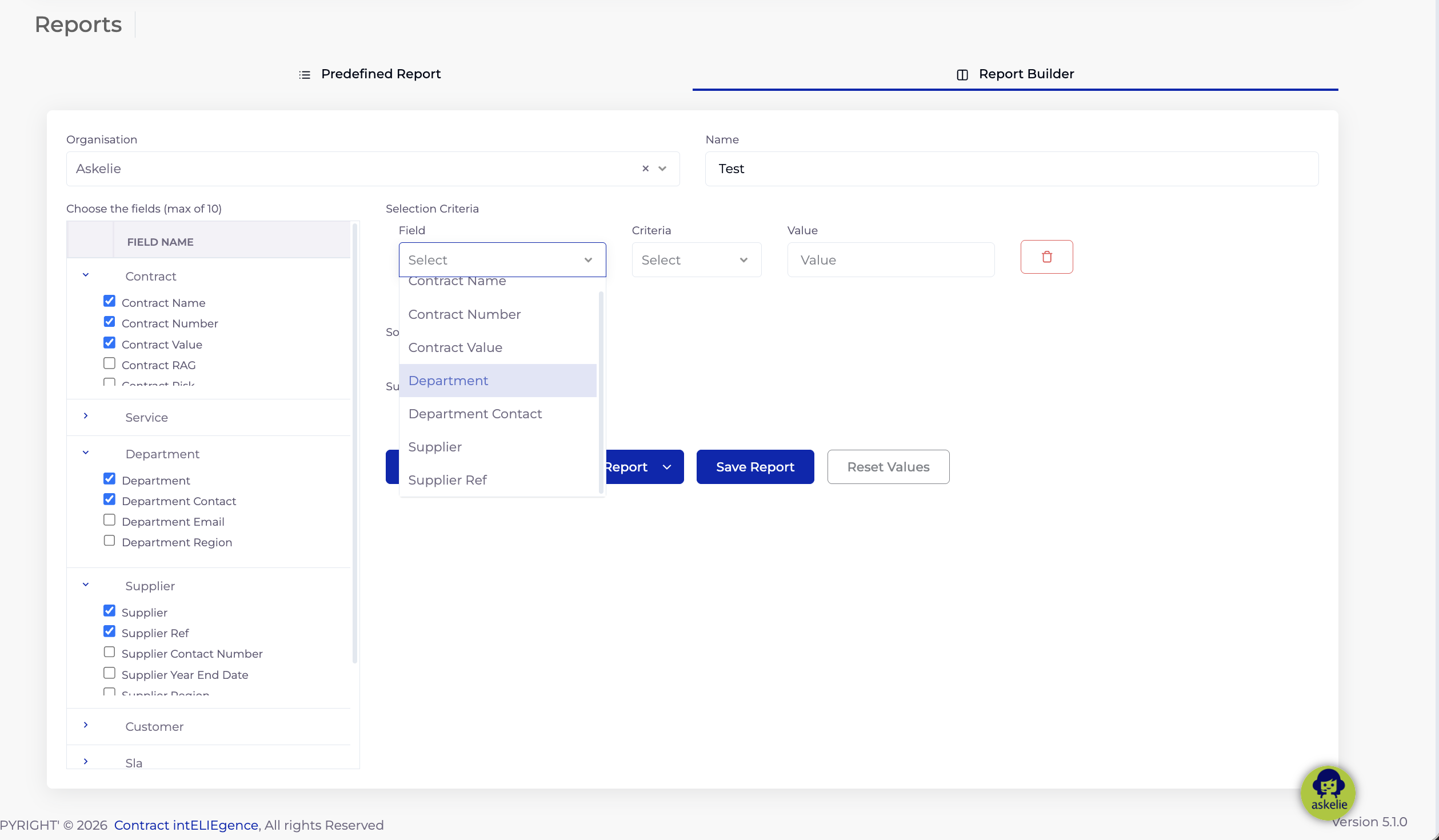 Selection Criteria section with Field dropdown showing available fields
