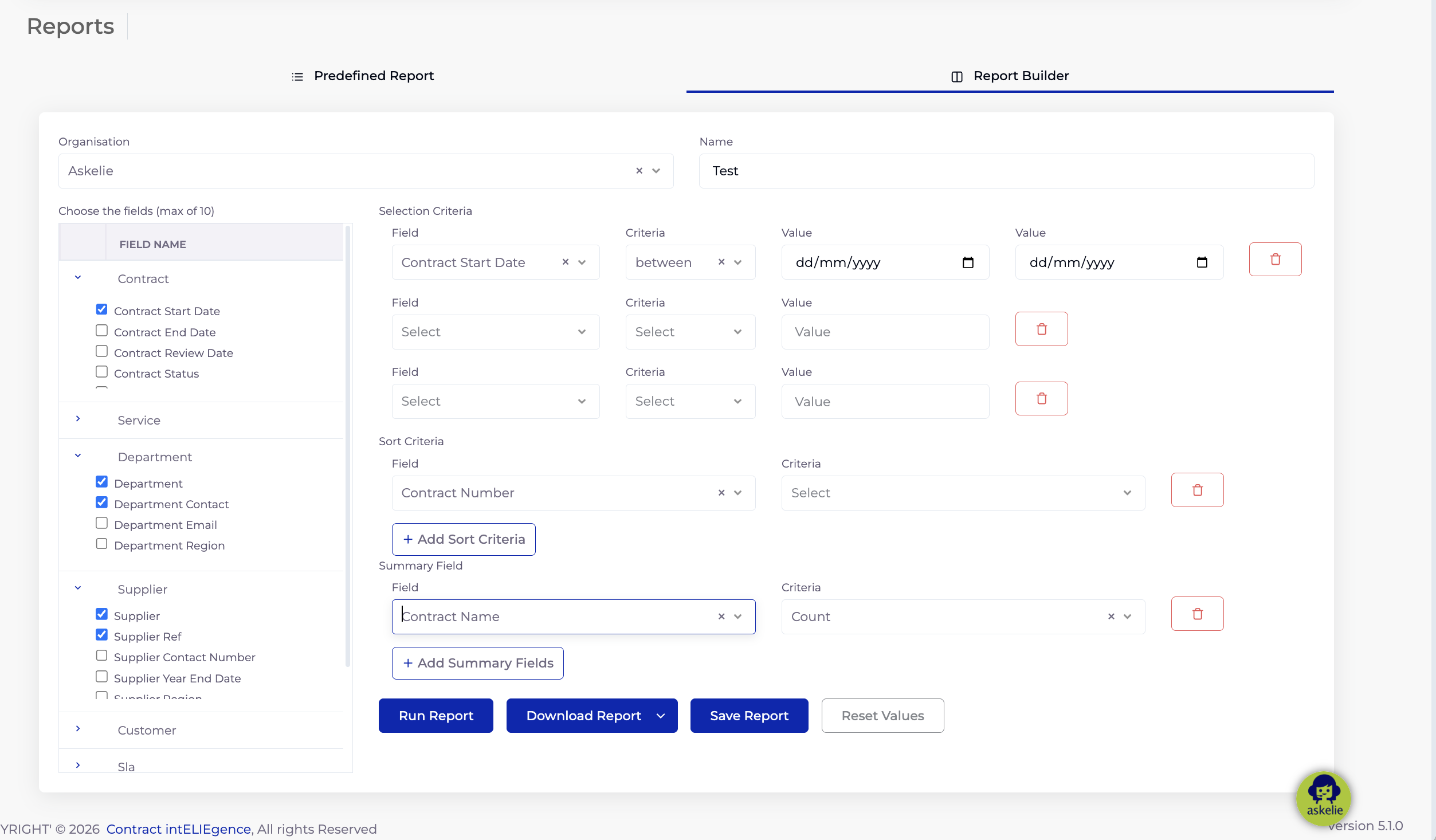 Fully configured Report Builder with selection criteria, sort criteria, and summary field
