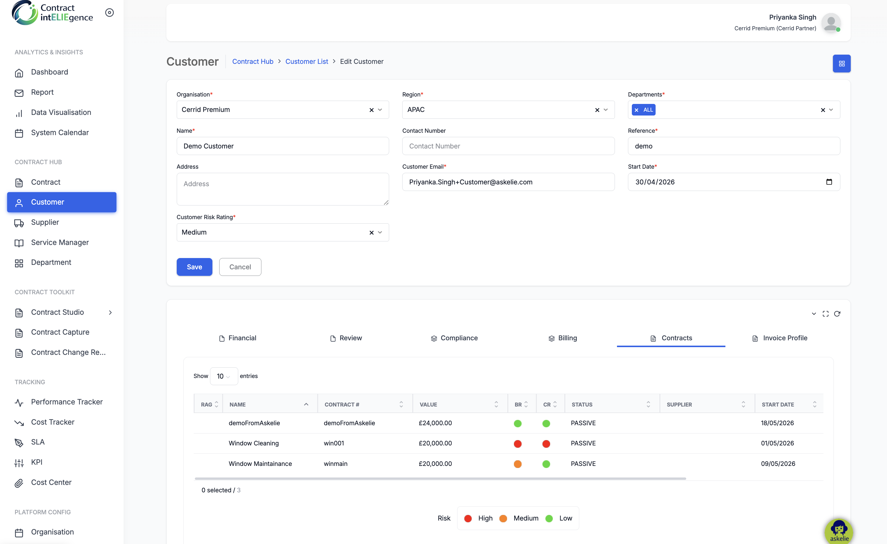 Customer contract tab Only available in edit mode, It shows contract list for this customer