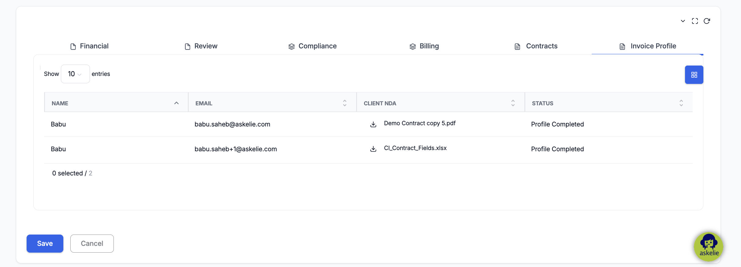 Customer Invoice profile tab, only available in edit mode