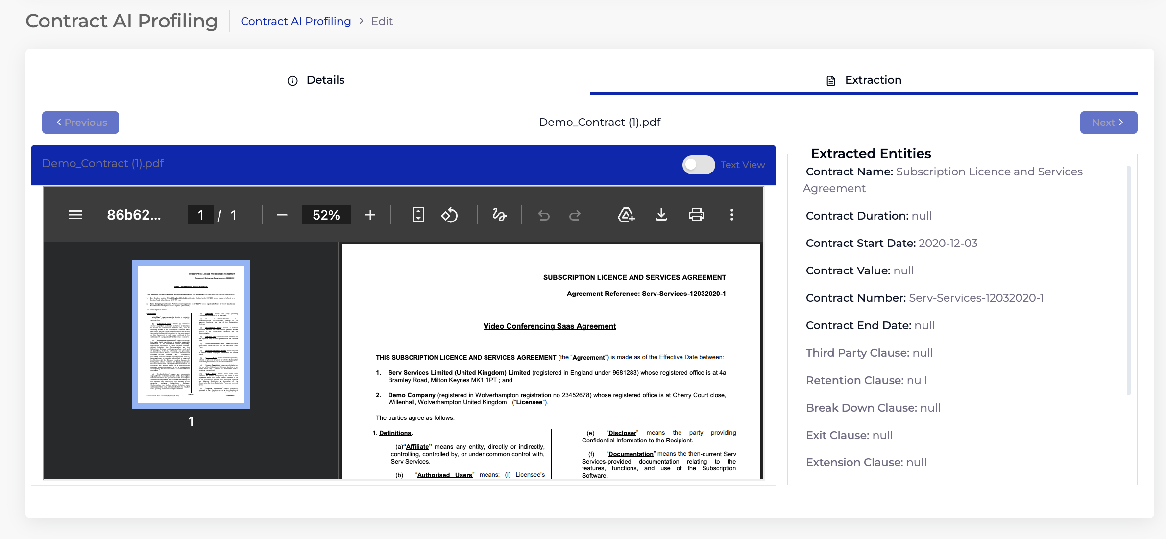 Contract AI Profiling  Extraction Tab