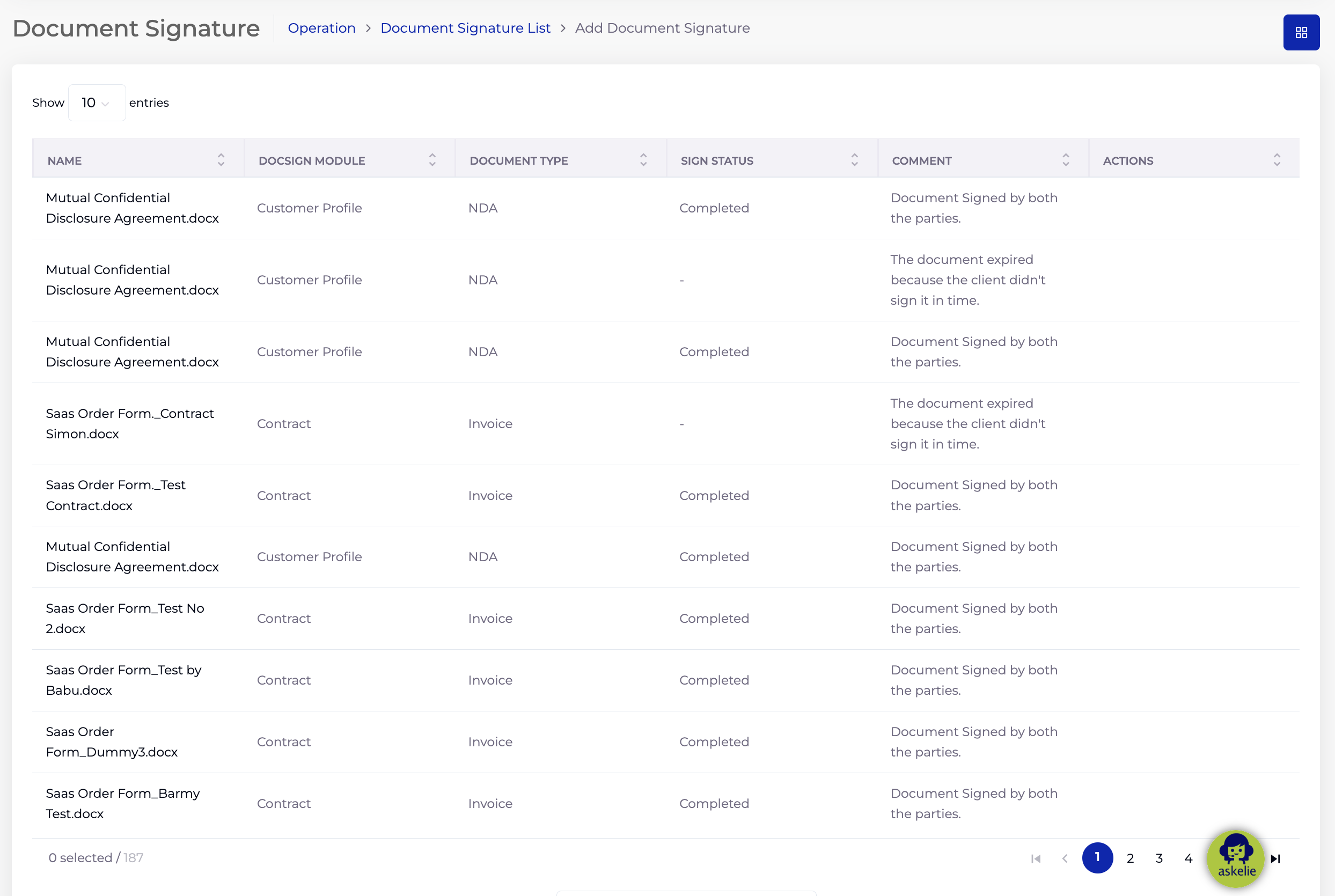 Document Signature Listing