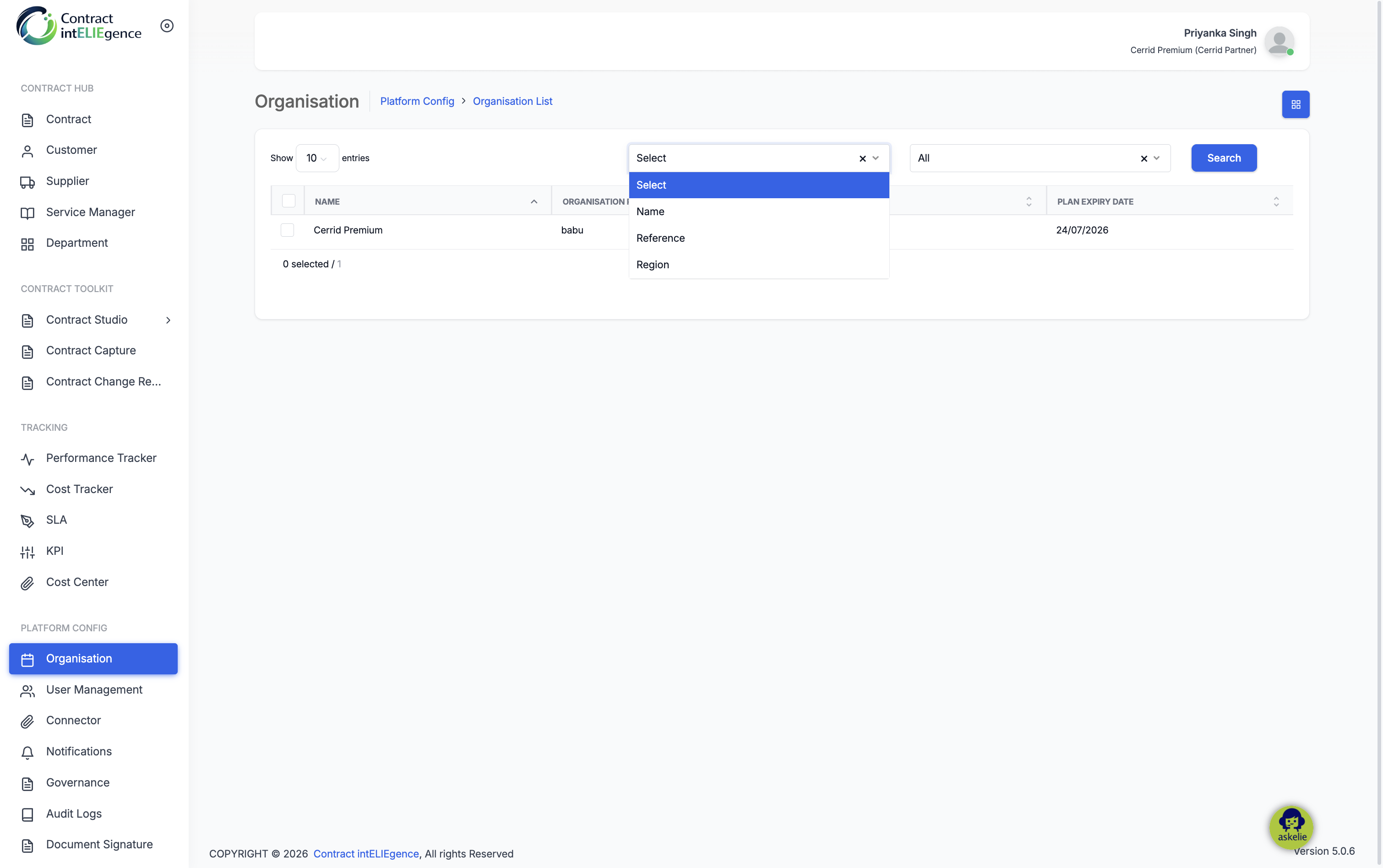 Organisation Filter Options