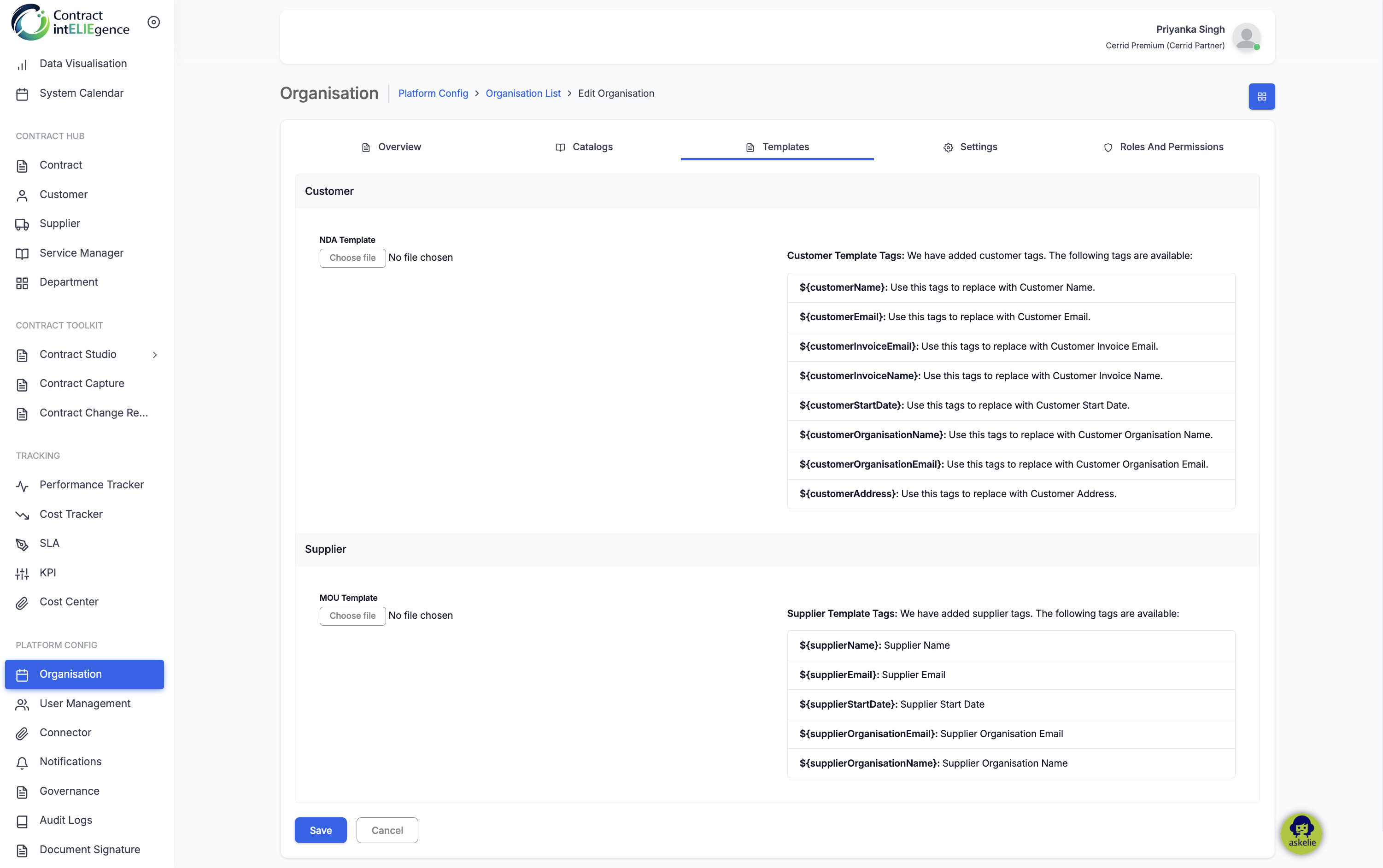 Organisation Template Tab
