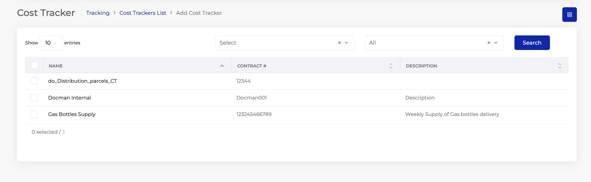Cost Tracker Listing