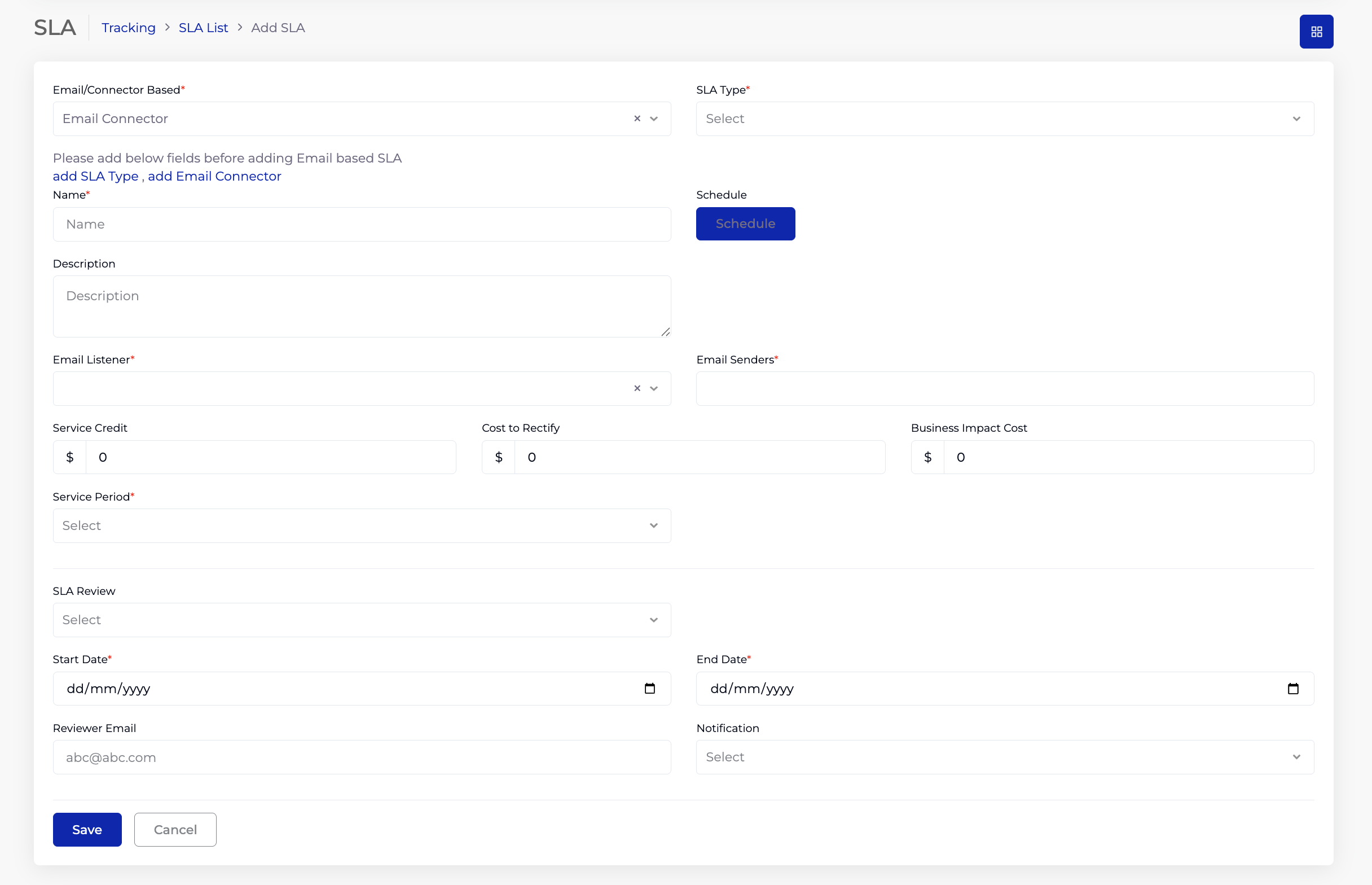 SLA Add Form Email Connector type